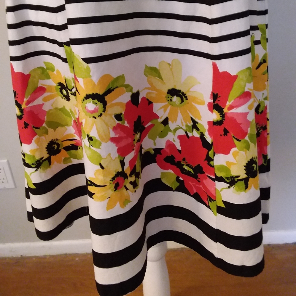 R&K Original Black/White Stripe Dress with Flowers - Picture 3 of 10